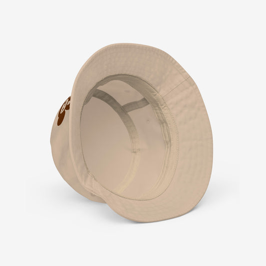 A beige bucket hat featuring original Soviet cartoon character Cheburashka. Inside.