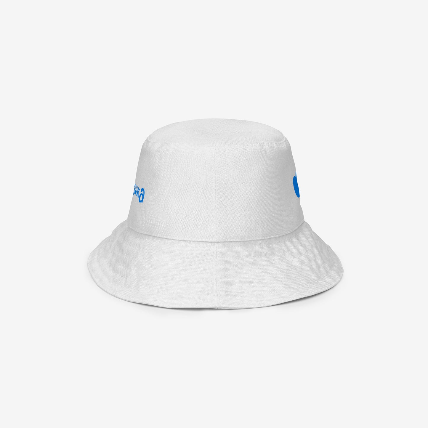 A white reversable bucket hat with a Soviet cartoon character Cheburashka pattern in red and blue. Front side 2 d.