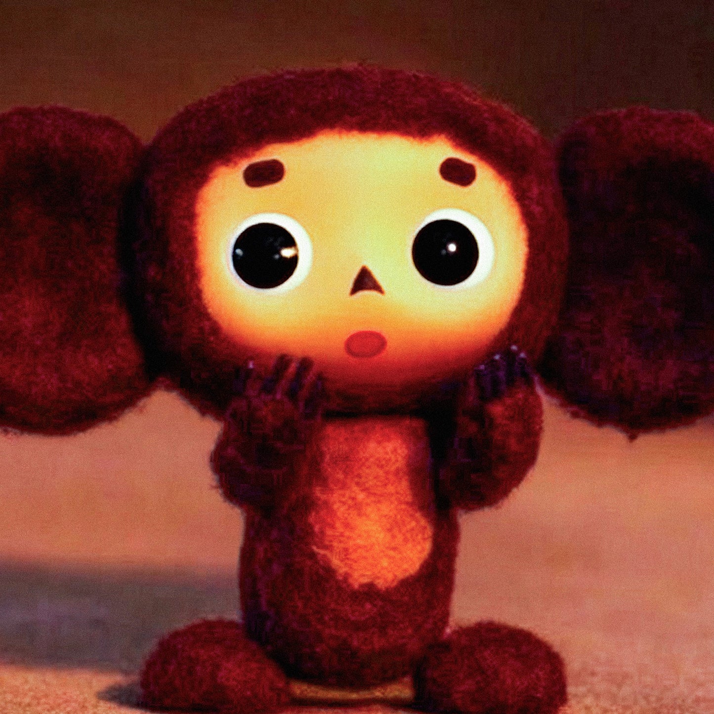 Large 61x91cm poster with original Surprised Cheburashka from Soviet cartoon. With logo Чебурашка. Closeup.