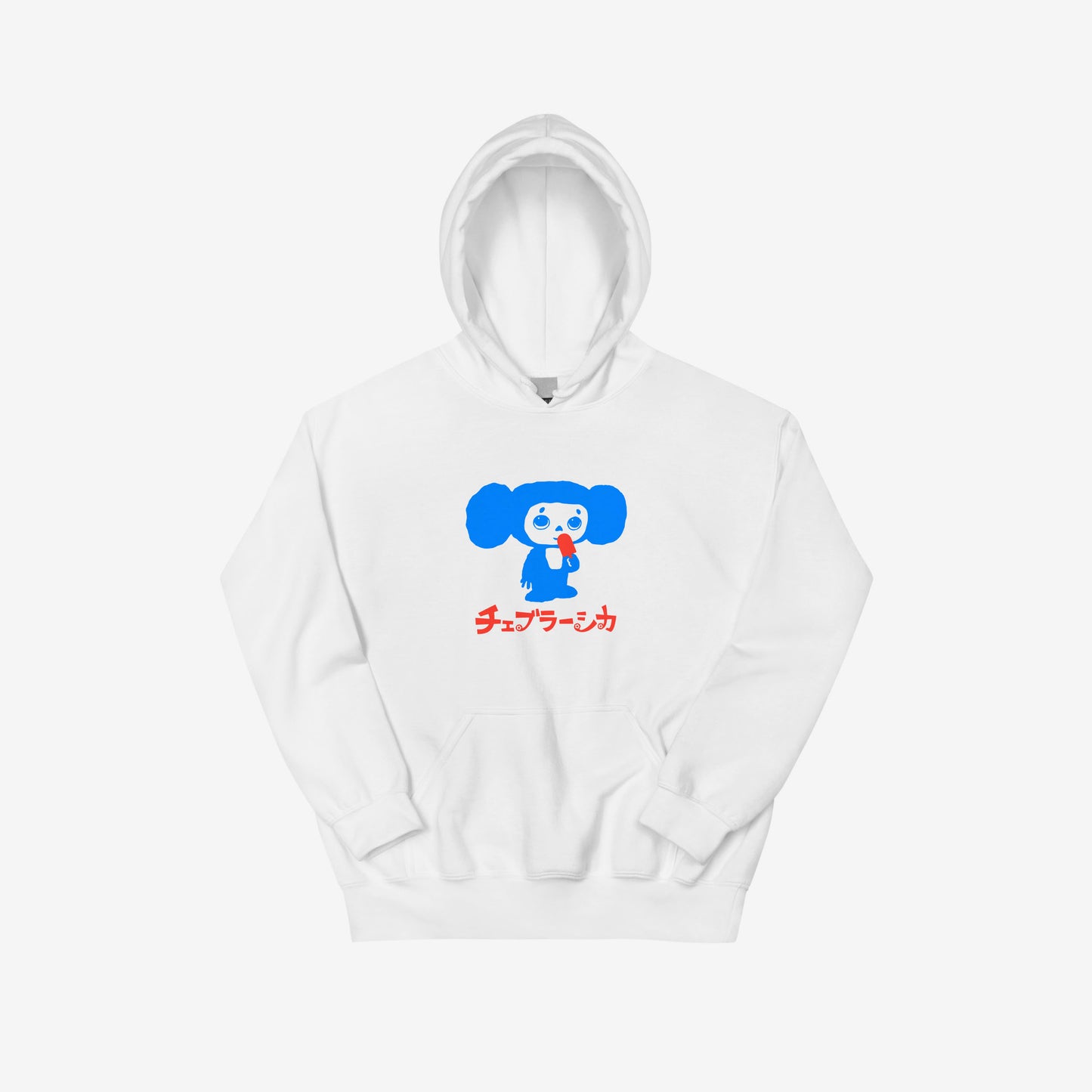 White unisex hoodie with minimalist graphic of Cheburashka eating Eskimo ice-cream and チェブラーシカ japanese logo in red.