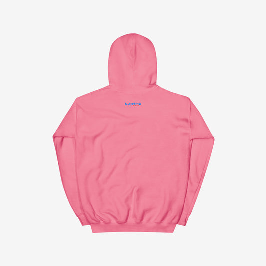 Pink unisex hoodie with minimalist graphic of Cheburashka with a birthday cake and チェブラーシカ japanese logo in red. Back.