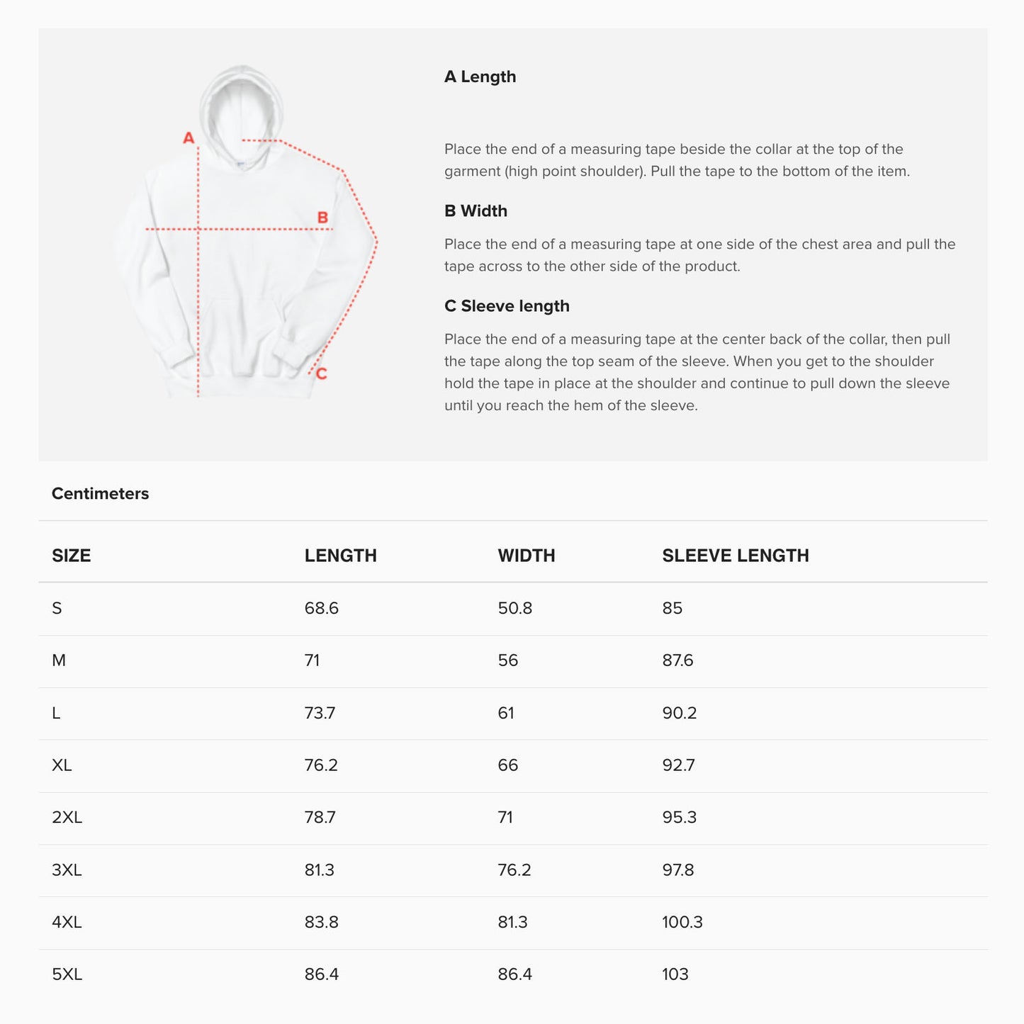 Unisex adult hoodie size guide. www.cheburashkashop.com