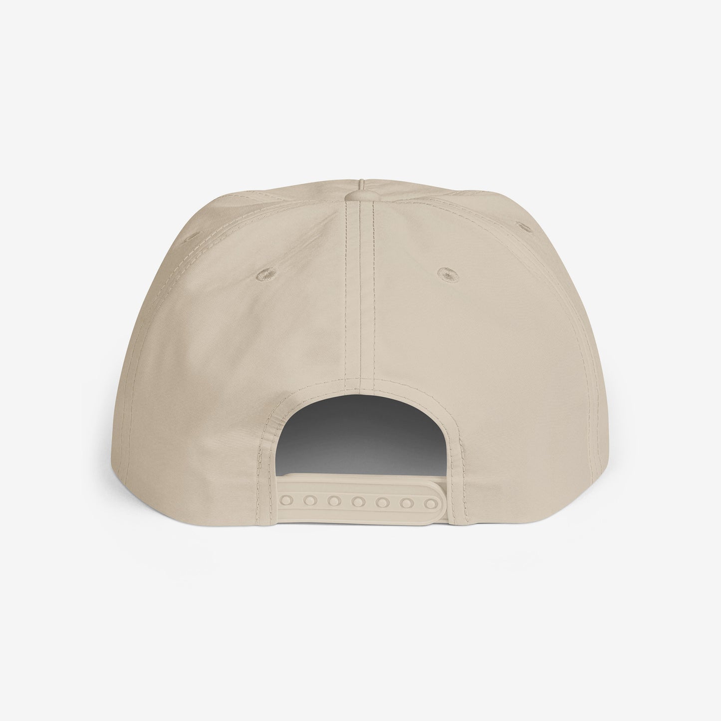 A beige surf cap with a flat brim, featuring brown Soviet cartoon character Cheburashka on the front. Back side.
