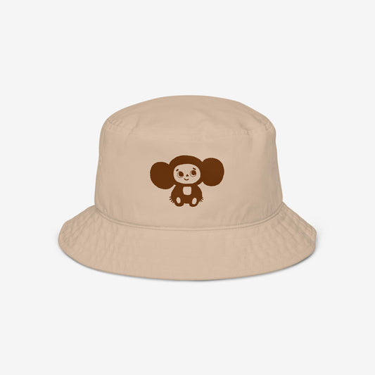 A beige bucket hat featuring original Soviet cartoon character Cheburashka. Front.