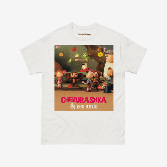White unisex T-shirt with large print of. 2013 french Cheburashka cartoon poster.
