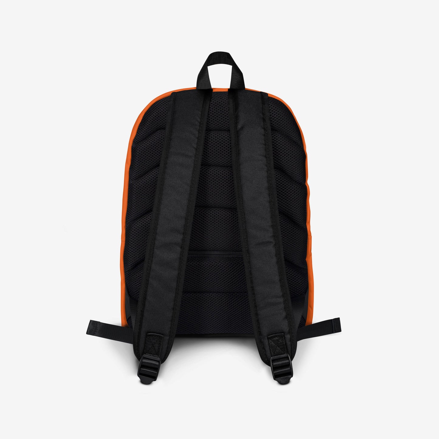 An orange backpack with a front pocket, featuring the Soviet cartoon character Cheburashka and logo 'Чебурашка' in white and yellow with flowers. Back side.