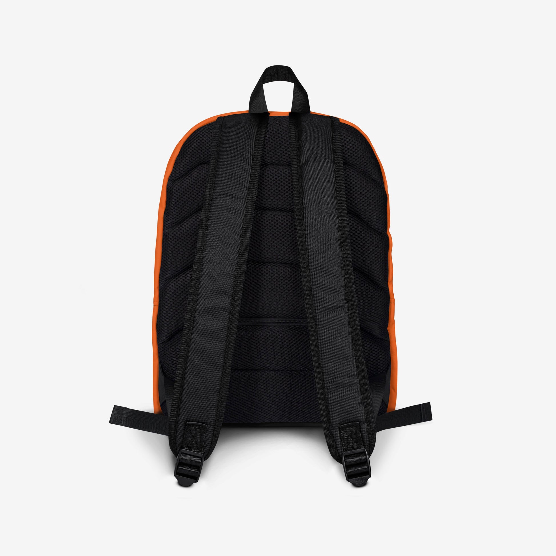 An orange backpack with a front pocket, featuring the Soviet cartoon character Cheburashka and logo 'Чебурашка' in white and yellow with flowers. Back side.