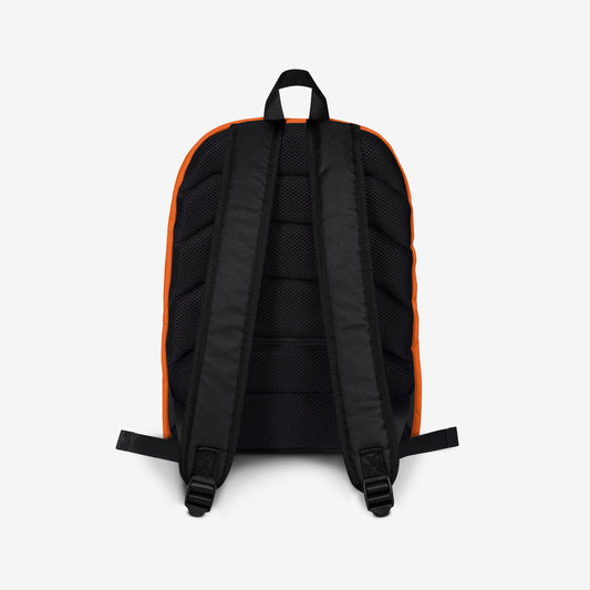 An orange backpack with a front pocket, featuring the Soviet cartoon character Cheburashka and logo 'Чебурашка' in white and yellow with flowers. Back side.
