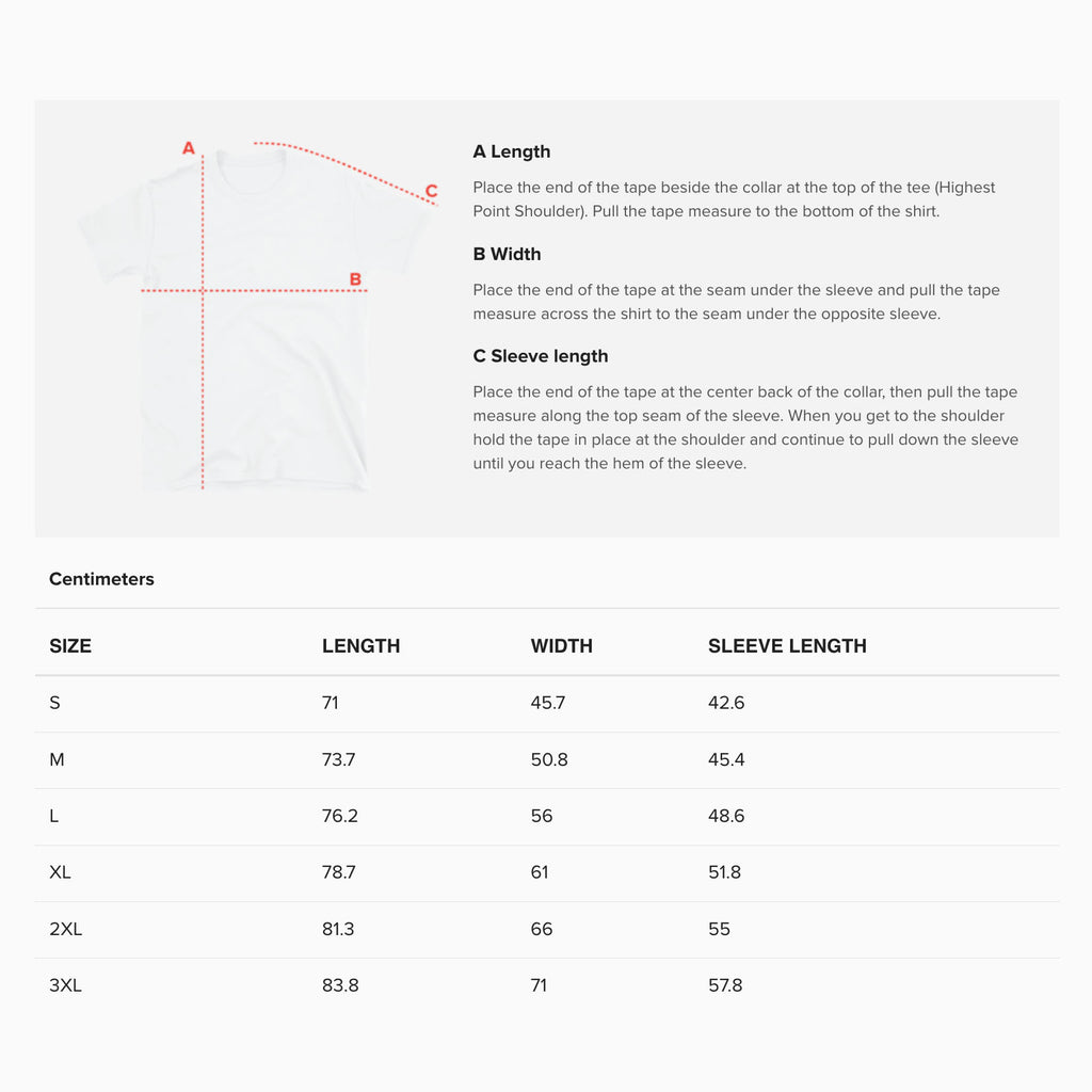 Unisex adult T-shirt size guide. www.cheburashkashop.com