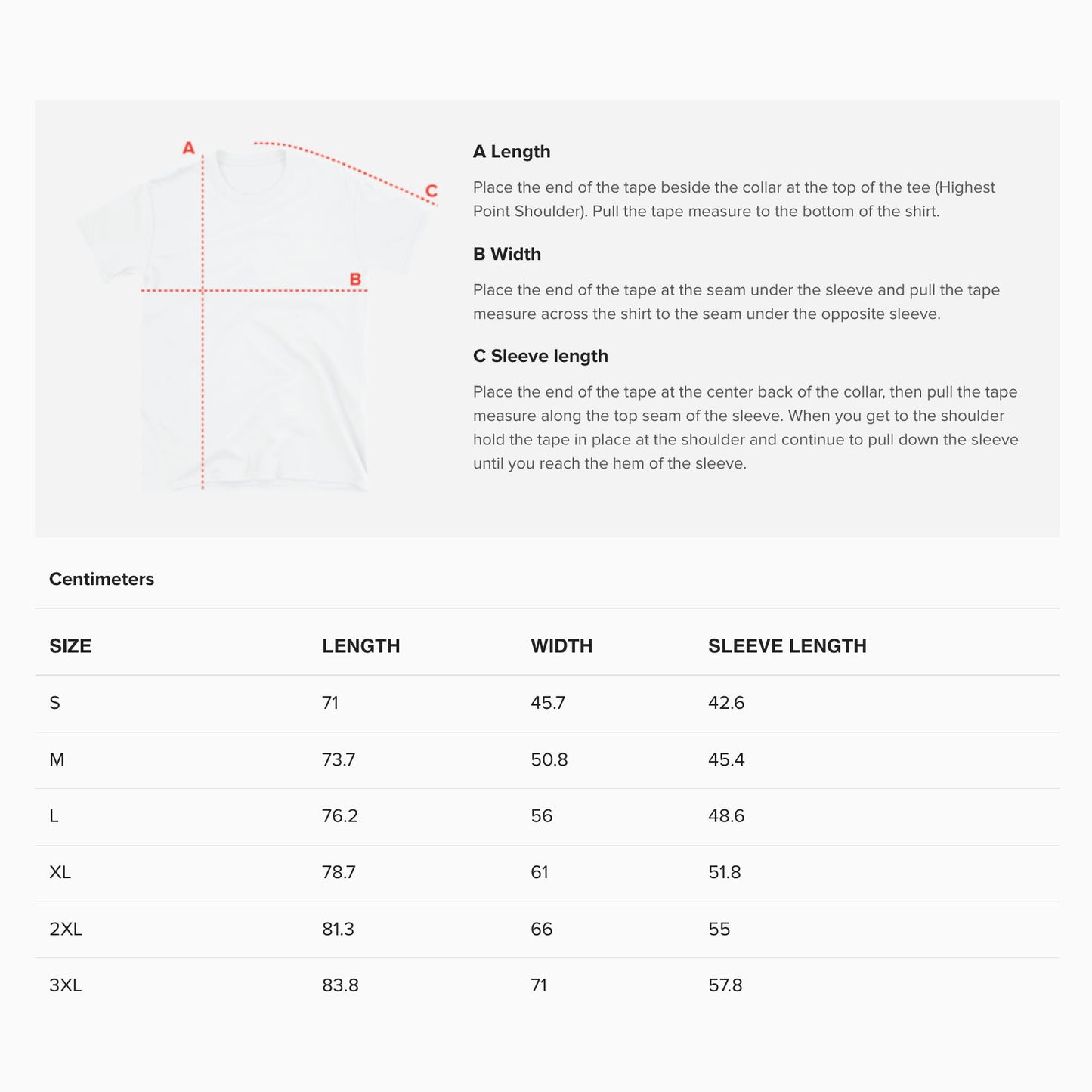 Unisex adult T-shirt size guide. www.cheburashkashop.com