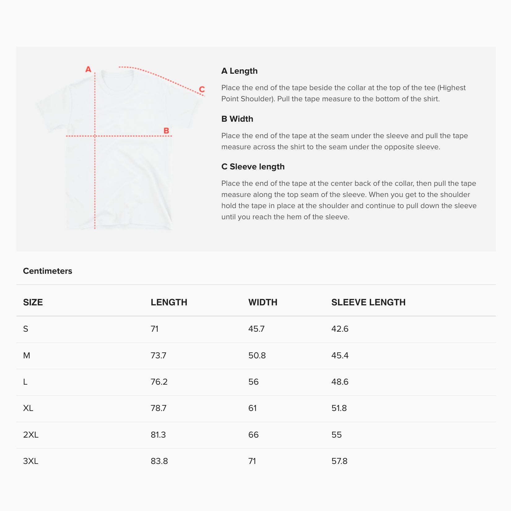 Unisex adult T-shirt size guide. www.cheburashkashop.com