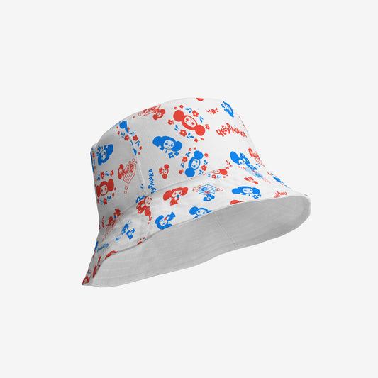 A white reversable bucket hat with a Soviet cartoon character Cheburashka pattern in red and blue. Front side 1, 3D view.