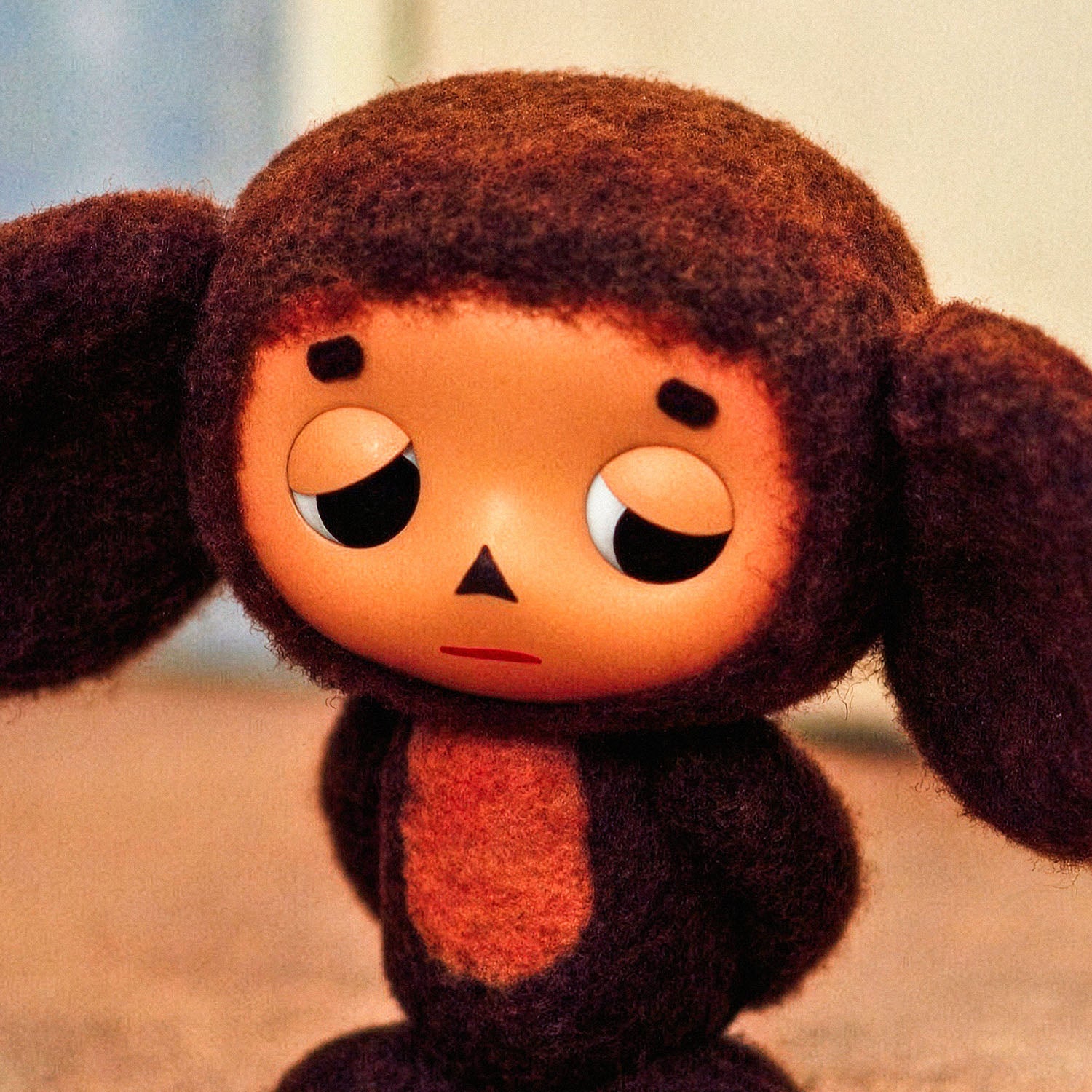 Large 61x91cm poster with original Sad Cheburashka from Soviet cartoon. With logo Чебурашка. Closeup.