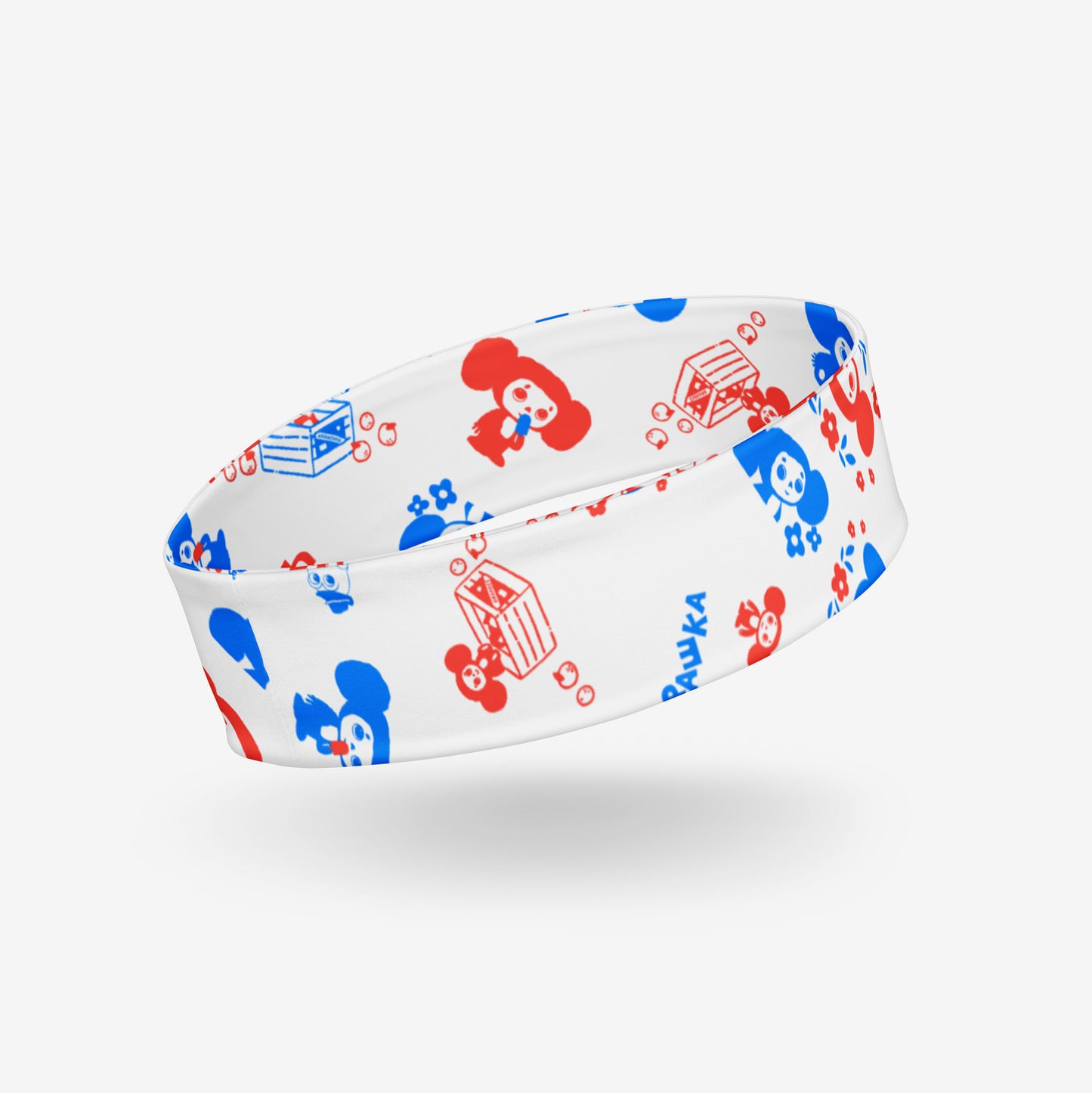A white athletic headband featuring a colorful Soviet cartoon character Cheburashka pattern in blue and red, with the brand name 'Чебурашка' printed in black on the inside. Back side.