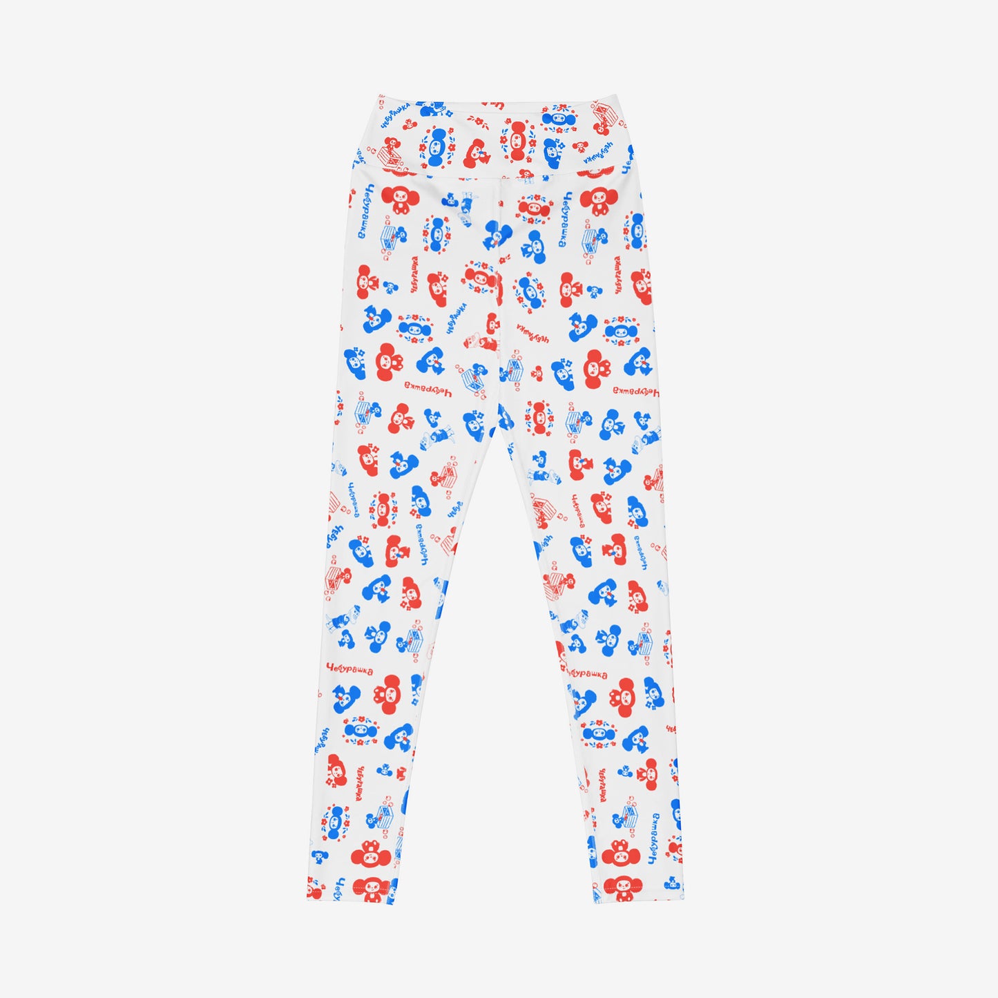 Soviet Cheburashka cartoon character overall print white yoga leggings. 