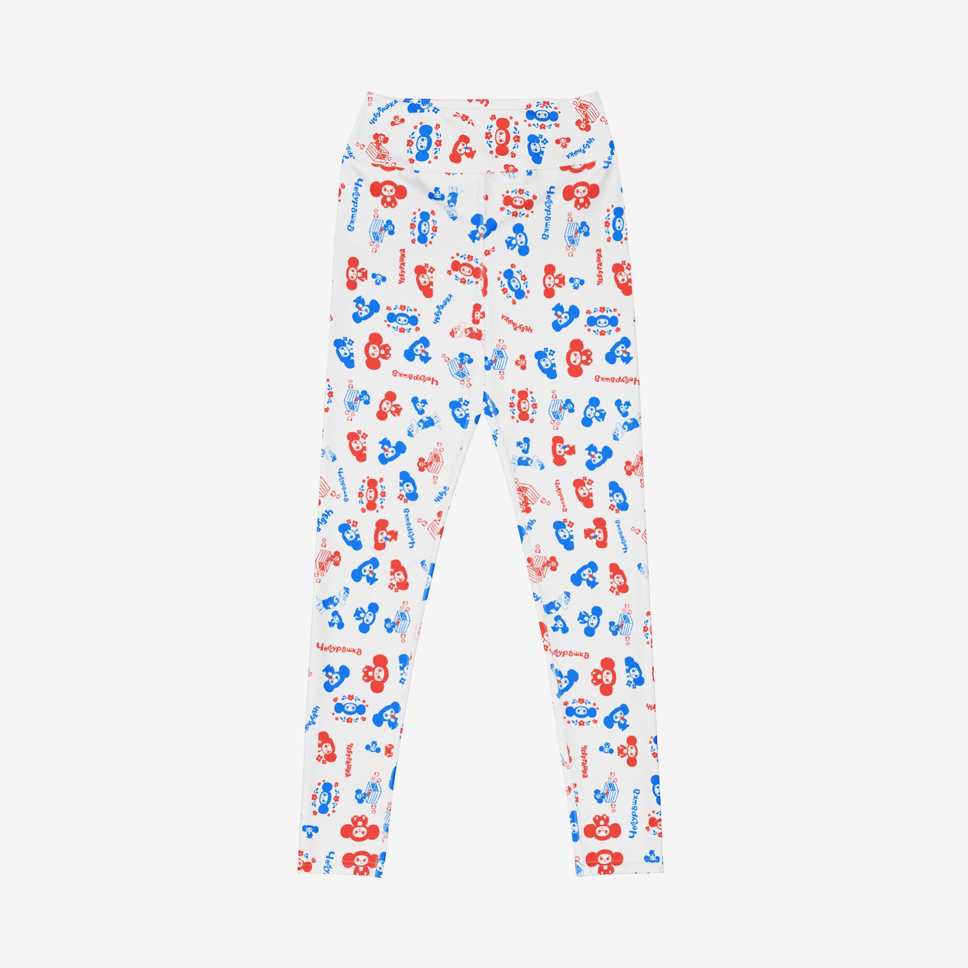 Soviet Cheburashka cartoon character overall print white yoga leggings. 