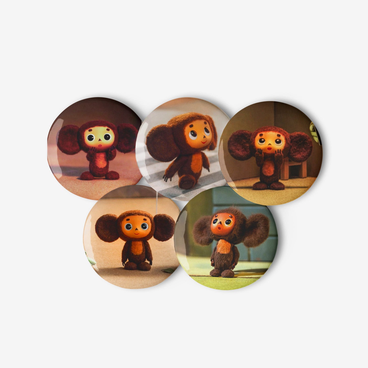 Set of 5 pins with Soviet cartoon character Cheburashka.