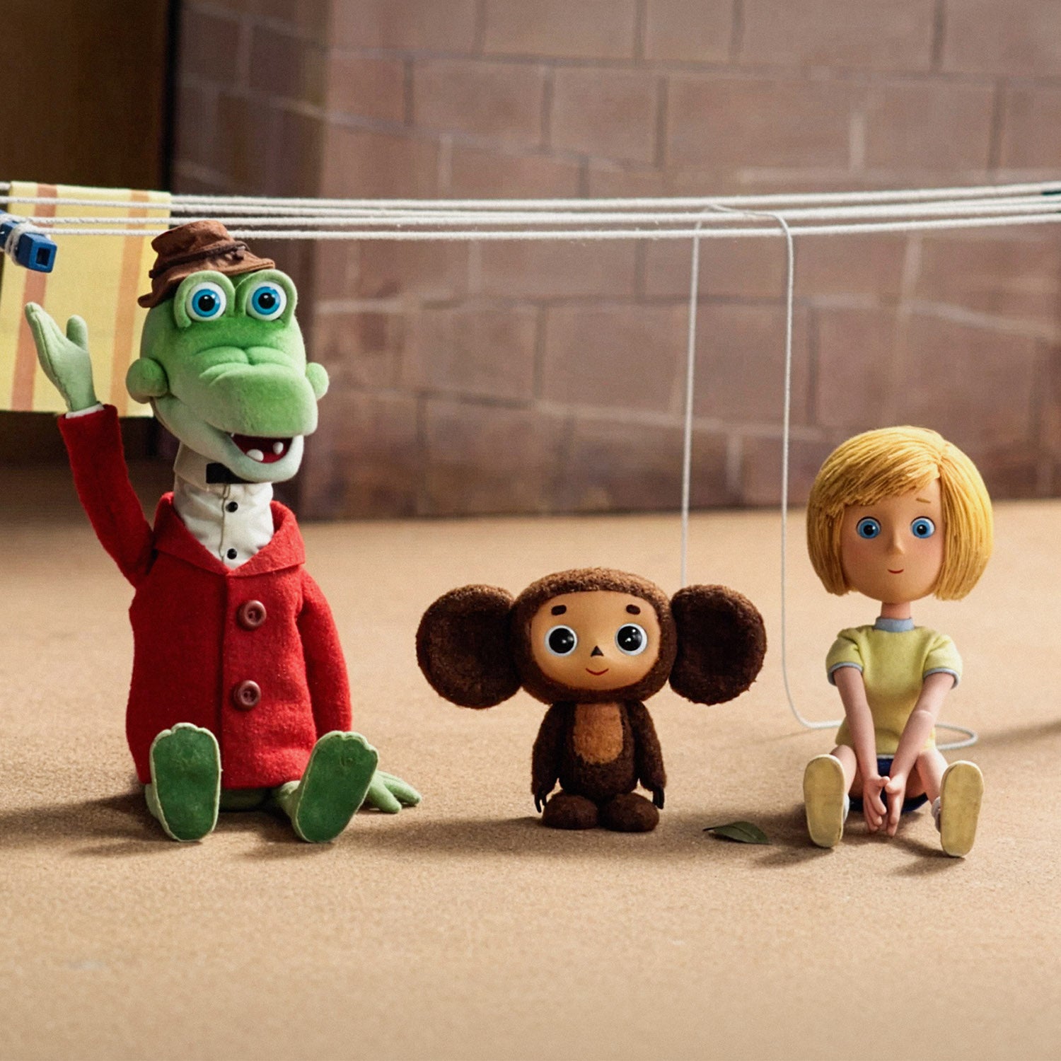 Large 91x61cm poster with Cheburashka and his friends Gena the crocodile and Galya on playground. Still frame from old original Soviet cartoon. With logo Чебурашка. Closeup.