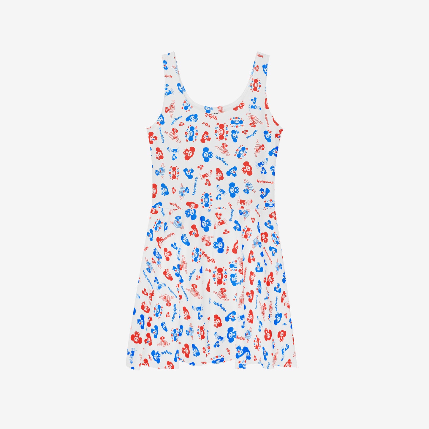 White skater all over print dress with original Soviet cartoon character Cheburashka. Front side.