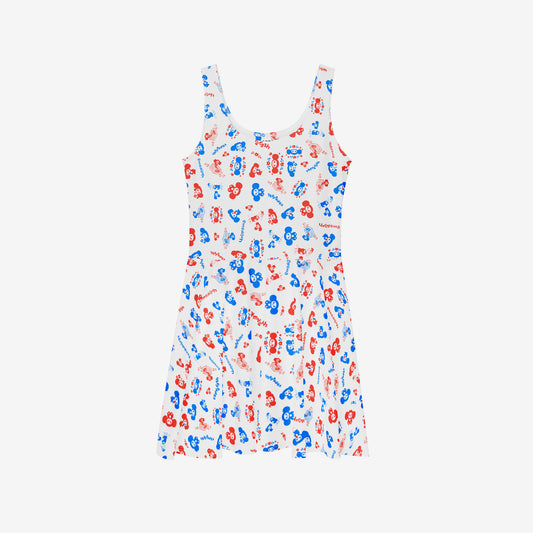 White skater all over print dress with original Soviet cartoon character Cheburashka. Front side.
