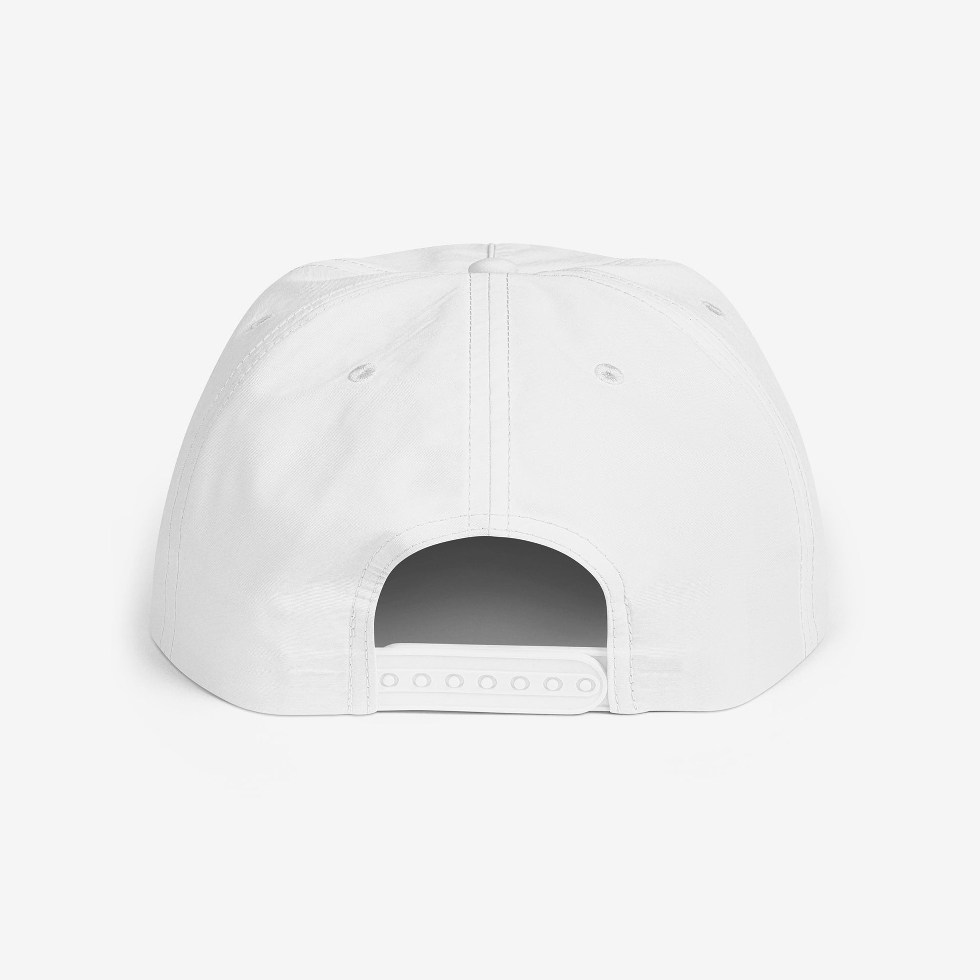 A white surf cap with a flat brim, featuring Cheburashka Soviet cartoon logo in japanese チェブラーシカ on the front. Back side.