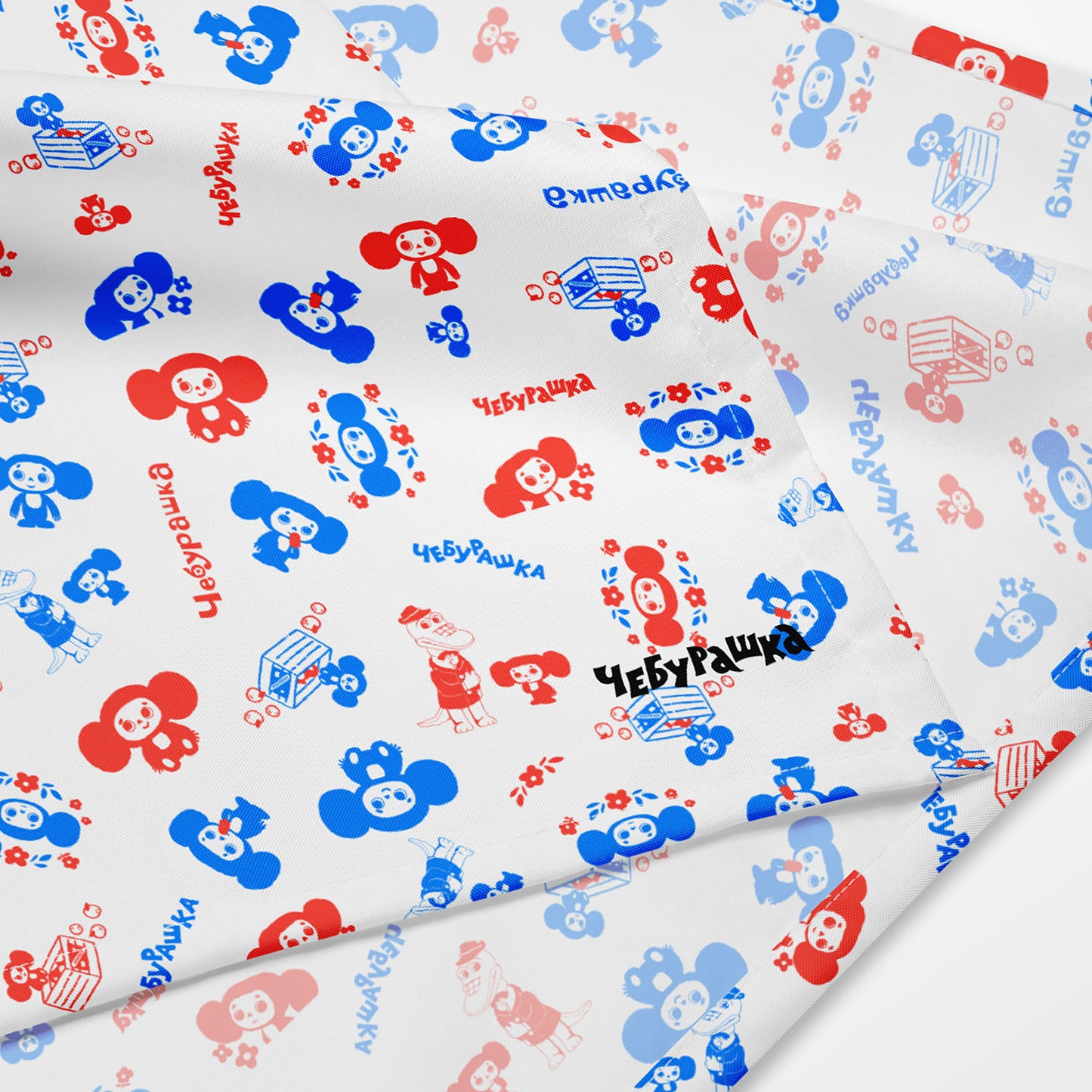Original Soviet cartoon Cheburashka patterned bandana. Closeup print details.