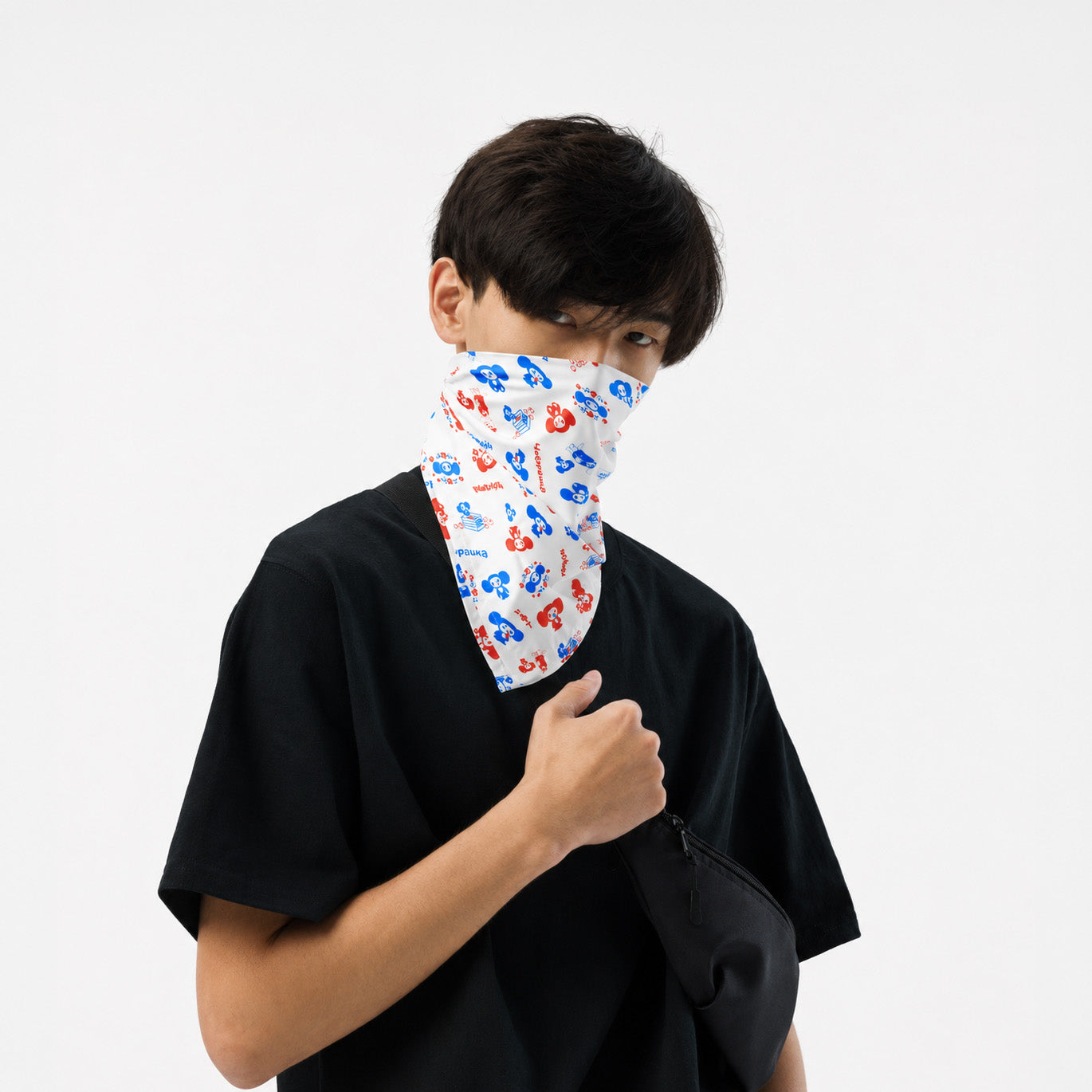 Cool young boy wearing original Soviet cartoon Cheburashka patterned bandana.