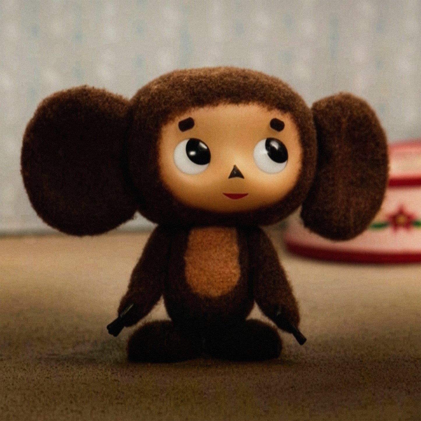 Large 91x61cm poster with original Soviet cartoon character Cheburashka standing cute and curious. Closeup.