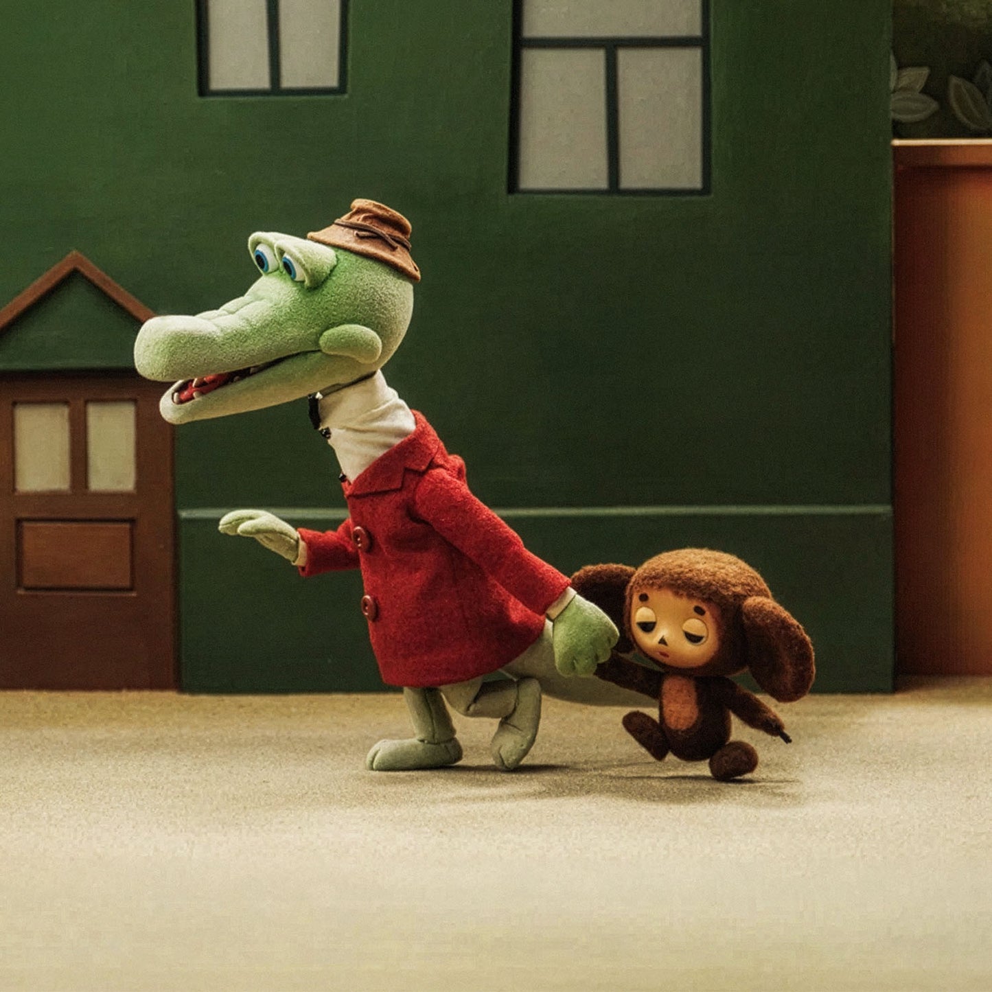 Large 91x61cm poster with Gena leading Cheburashka. Still frame from old original Soviet cartoon. With logo Чебурашка. Closeup.