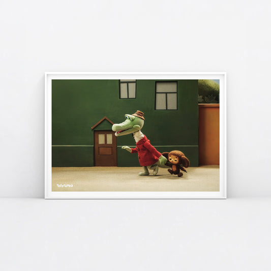 Large 91x61cm poster with Gena leading Cheburashka. Still frame from old original Soviet cartoon. With logo Чебурашка. Framed.