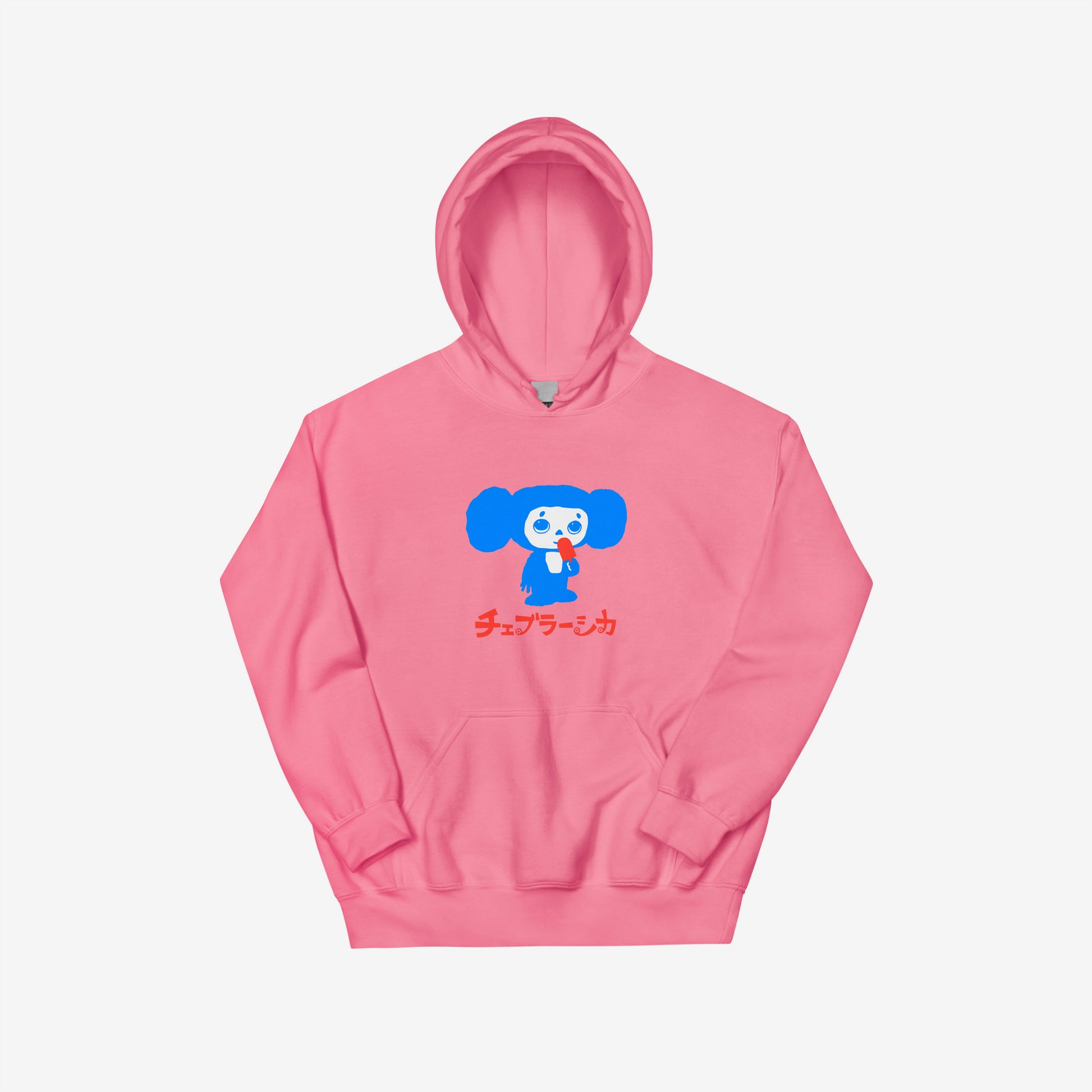 Pink unisex hoodie with minimalist graphic of Cheburashka eating Eskimo ice-cream and チェブラーシカ japanese logo in red.