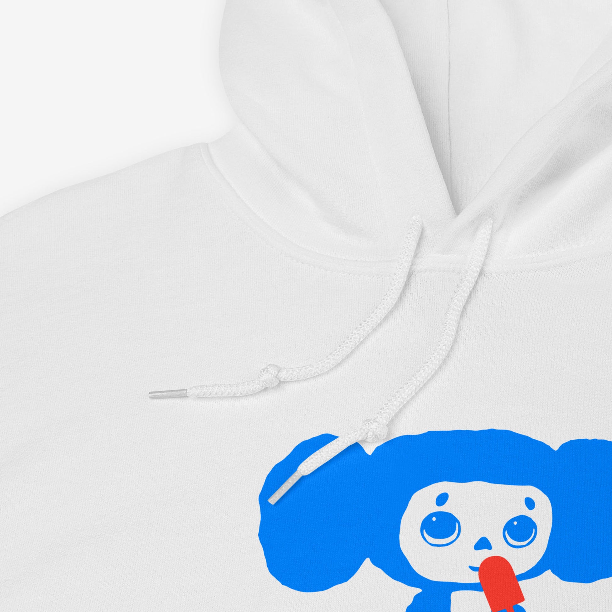White unisex hoodie with minimalist graphic of Cheburashka eating Eskimo ice-cream and チェブラーシカ japanese logo in red. front side closeup print details.