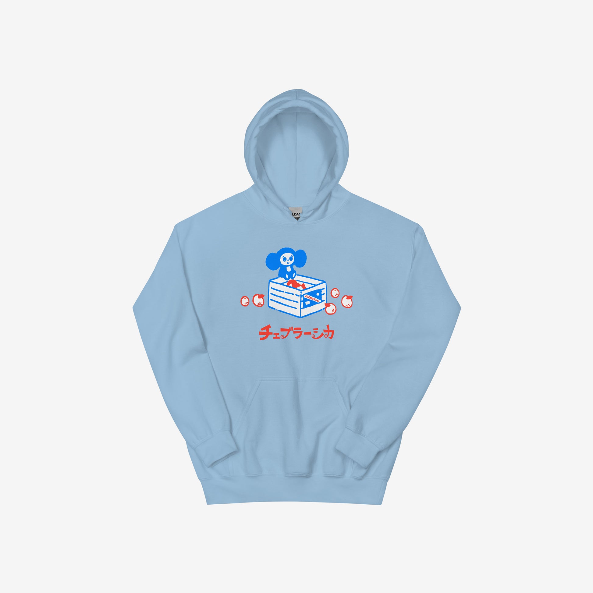Sky blue unisex hoodie with original Soviet cartoon character Cheburashka sitting on a box of oranges. With logo in japanese.