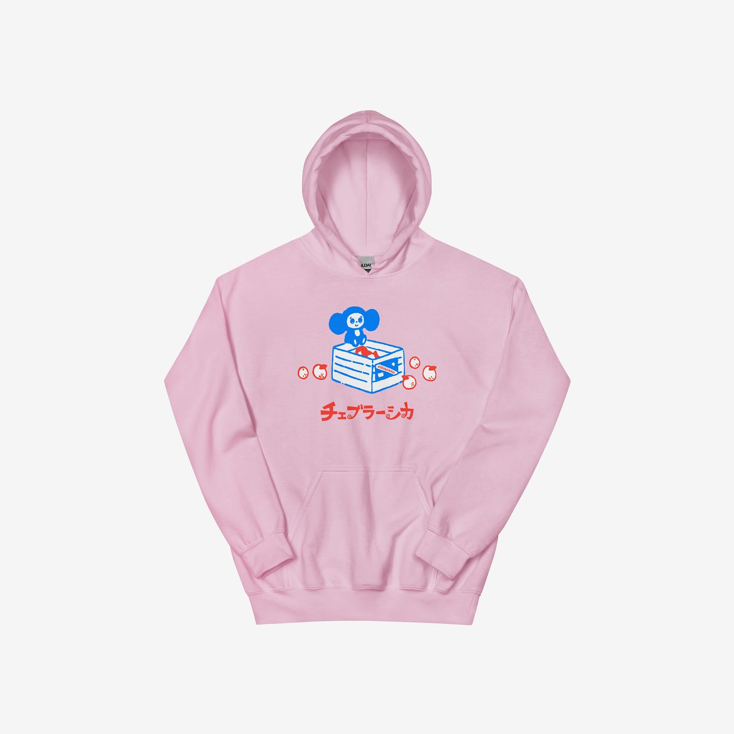 Light pink unisex hoodie with original Soviet cartoon character Cheburashka sitting on a box of oranges. With logo in japanese.