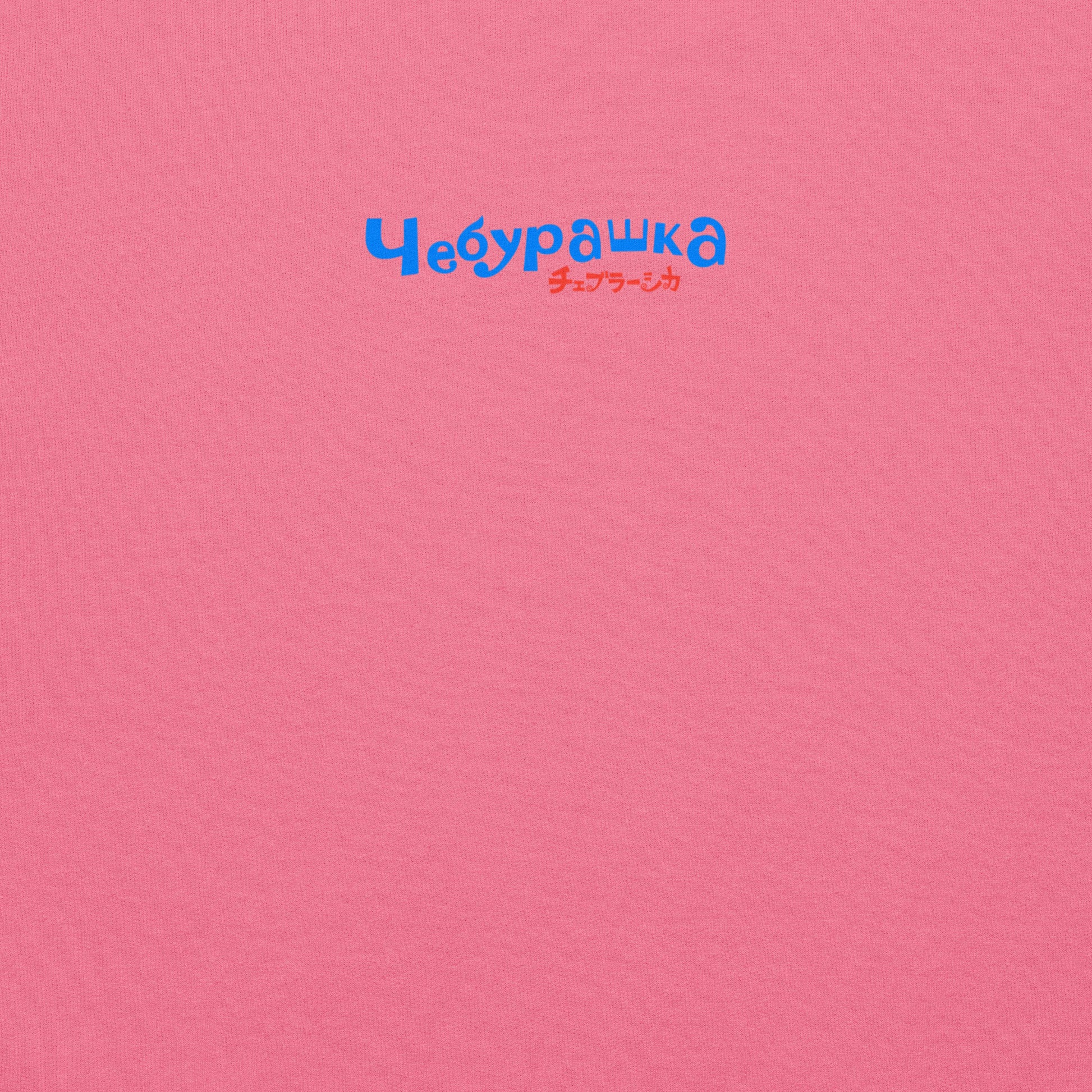 Pink unisex hoodie with minimalist graphic of Cheburashka with a birthday cake and チェブラーシカ japanese logo in red. Back side closeup with Чебурашка logo.