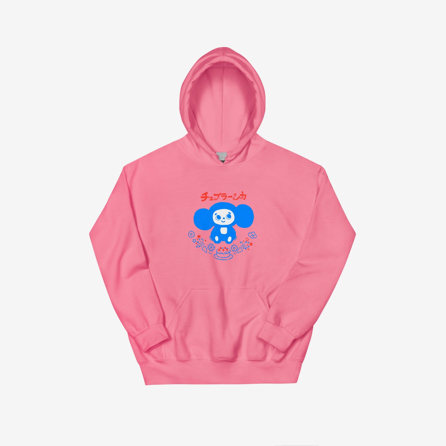Pink unisex hoodie with minimalist graphic of Cheburashka with a birthday cake and チェブラーシカ japanese logo in red. 