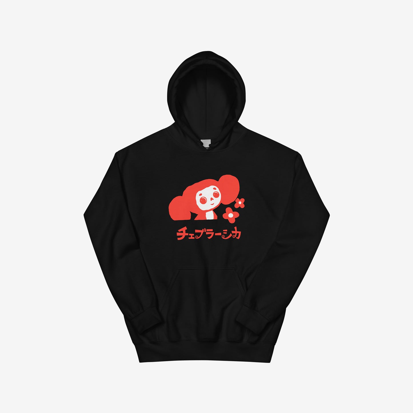 Black unisex hoodie with minimalist graphic of Cheburashka with flowers and チェブラーシカ japanese logo in red. Front.