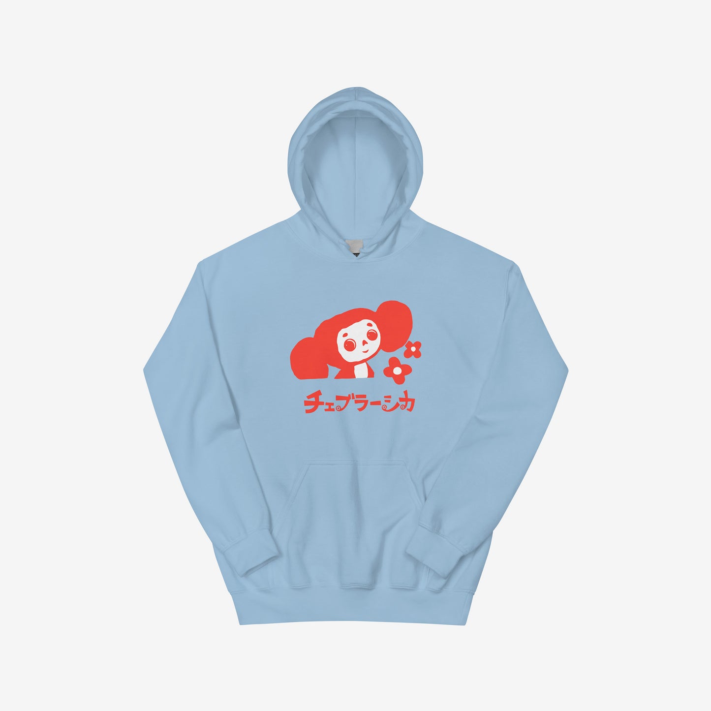 Sky blue unisex hoodie with minimalist graphic of Cheburashka with flowers and チェブラーシカ japanese logo in red. Front.