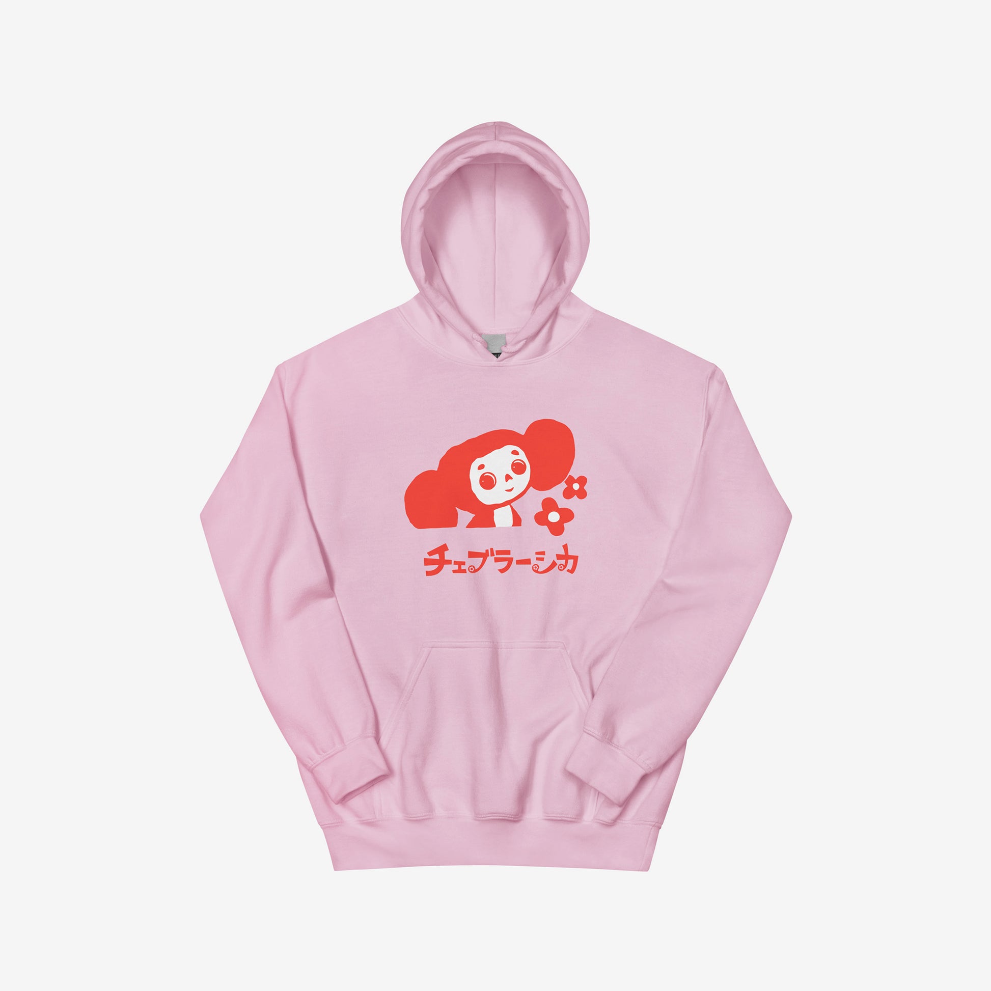 Pink unisex hoodie with minimalist graphic of Cheburashka with flowers and チェブラーシカ japanese logo in red. Front.