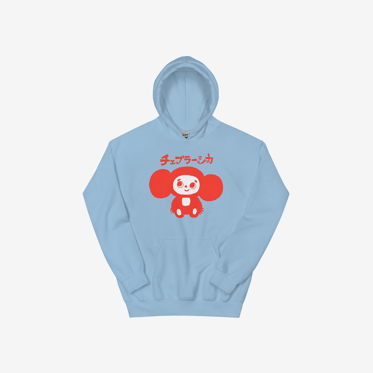 Sky blue unisex hoodie with minimalist graphic of original smiley Soviet cartoon character Cheburashka and チェブラーシカ logo in red.