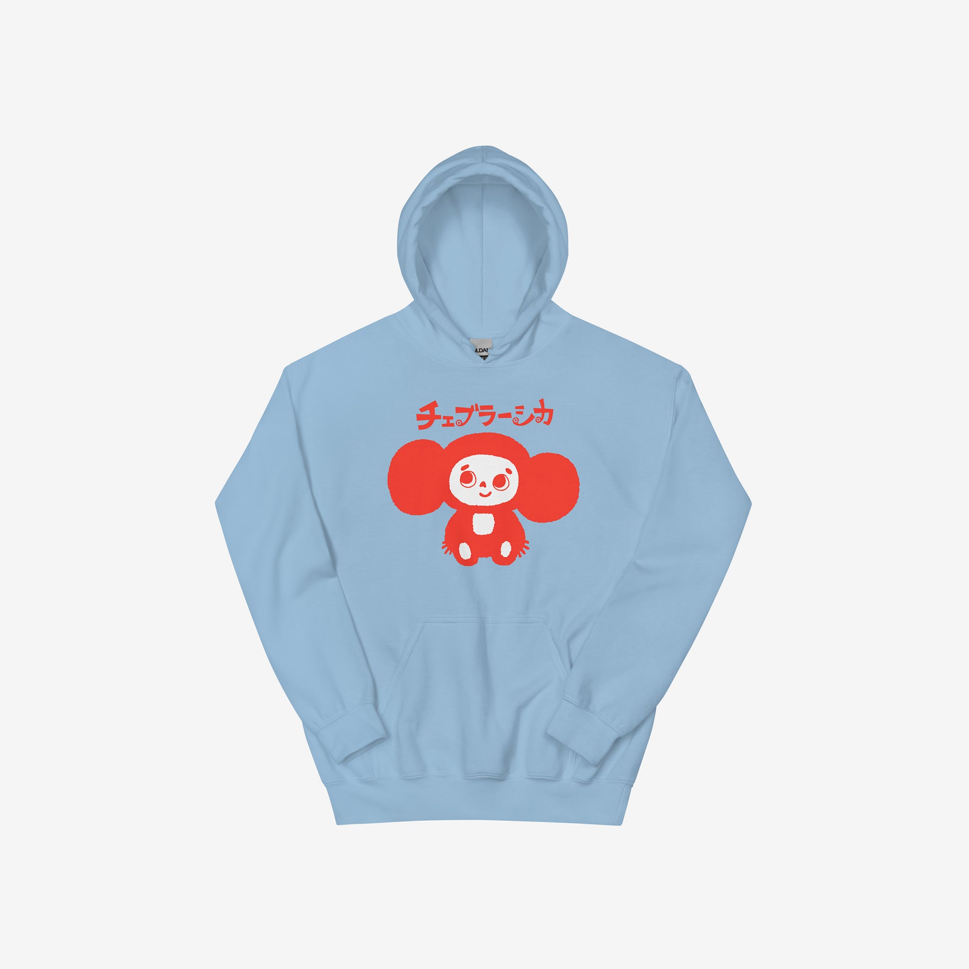 Sky blue unisex hoodie with minimalist graphic of original smiley Soviet cartoon character Cheburashka and チェブラーシカ logo in red.