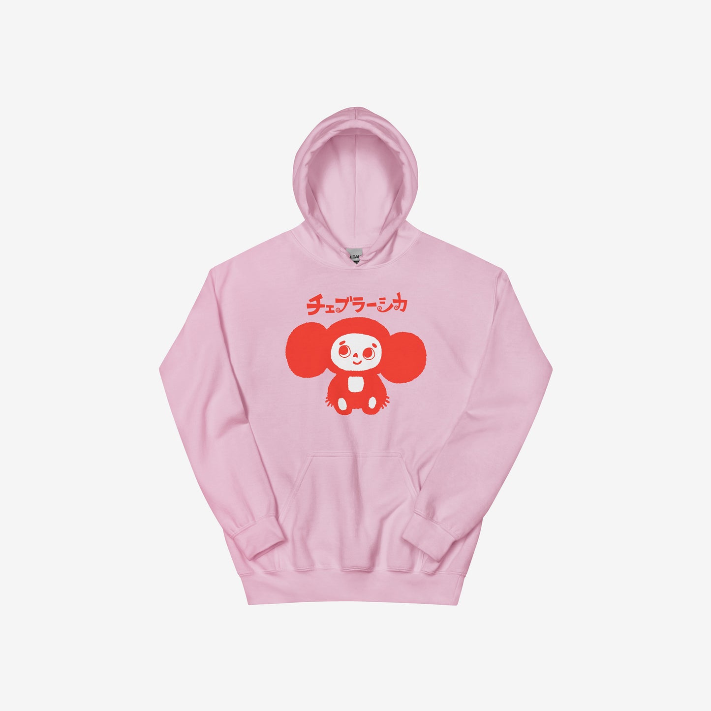Light pink unisex hoodie with minimalist graphic of original smiley Soviet cartoon character Cheburashka and チェブラーシカ logo in red.