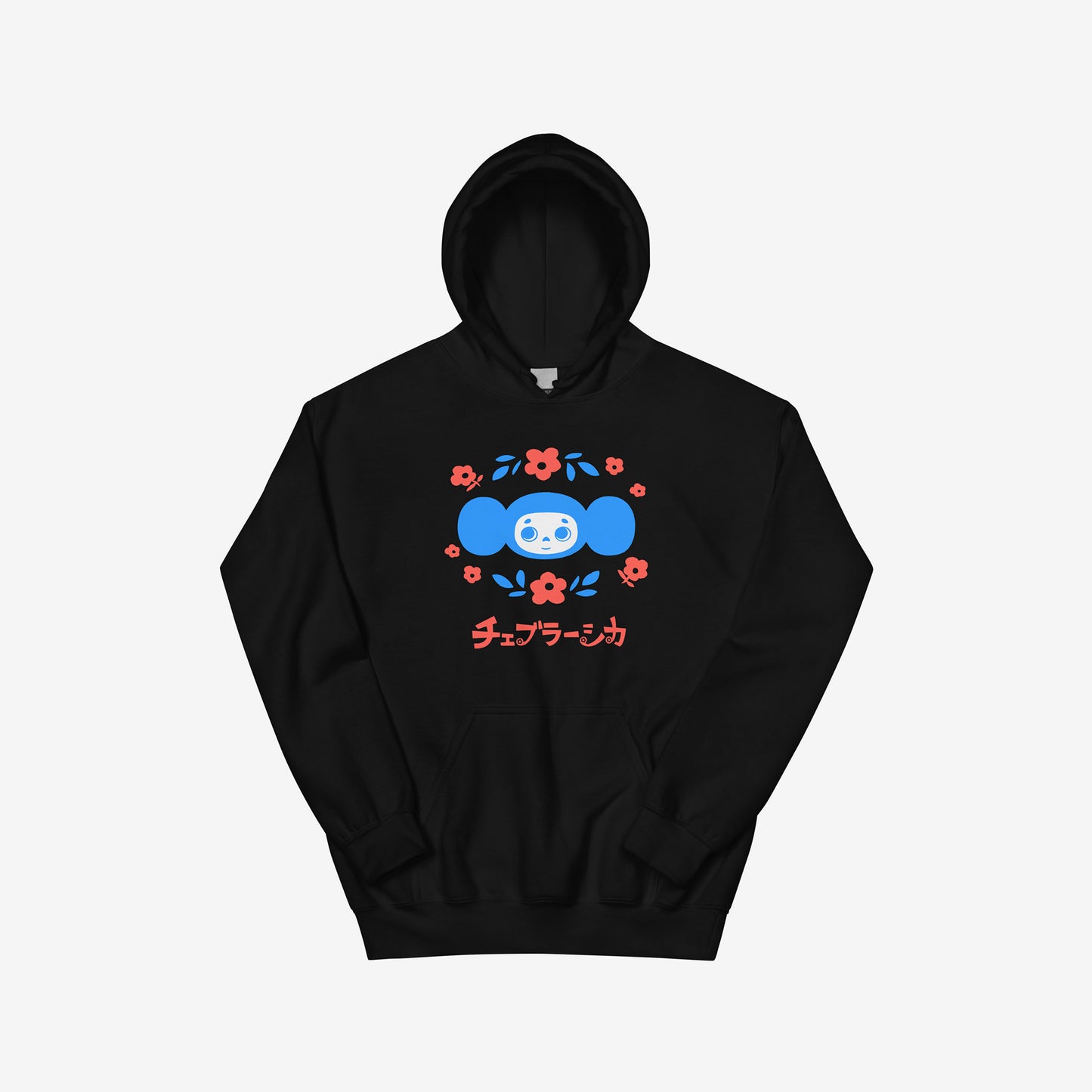 Black unisex hoodie with original Soviet cartoon character Cheburashka among a pattern of flowers and with logo in japanese チェブラーシカ. 
