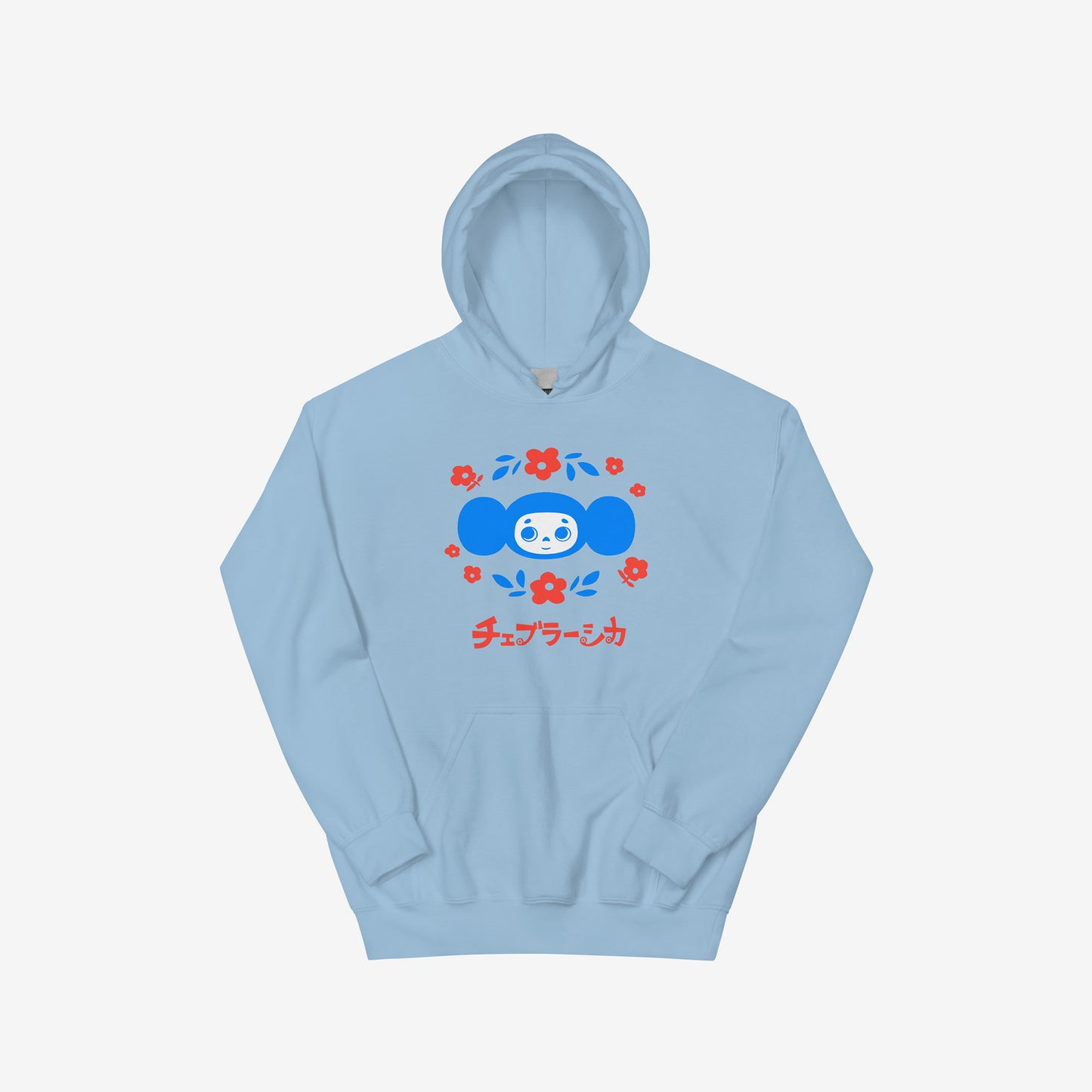 Sky blue unisex hoodie with original Soviet cartoon character Cheburashka among a pattern of flowers and with logo in japanese チェブラーシカ. Front.