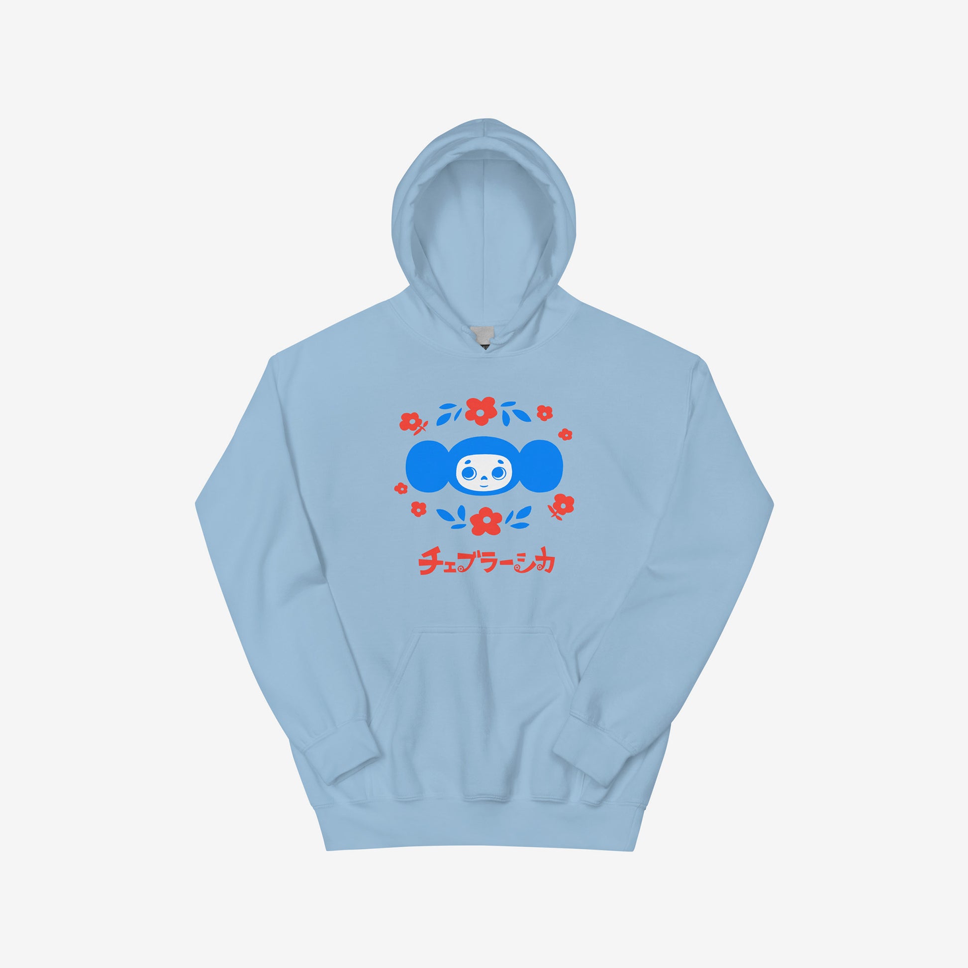 Sky blue unisex hoodie with original Soviet cartoon character Cheburashka among a pattern of flowers and with logo in japanese チェブラーシカ. Front.