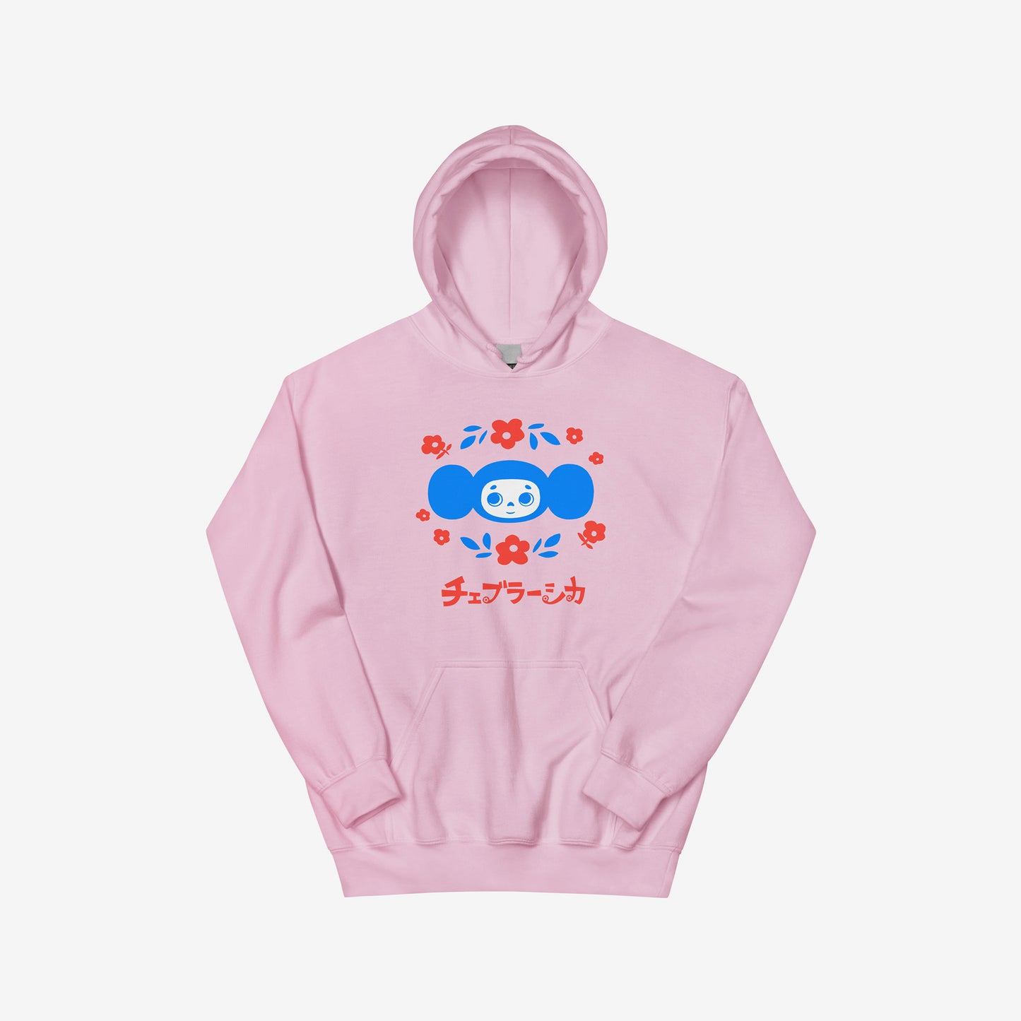 Light pink unisex hoodie with original Soviet cartoon character Cheburashka among a pattern of flowers and with logo in japanese チェブラーシカ. Front.