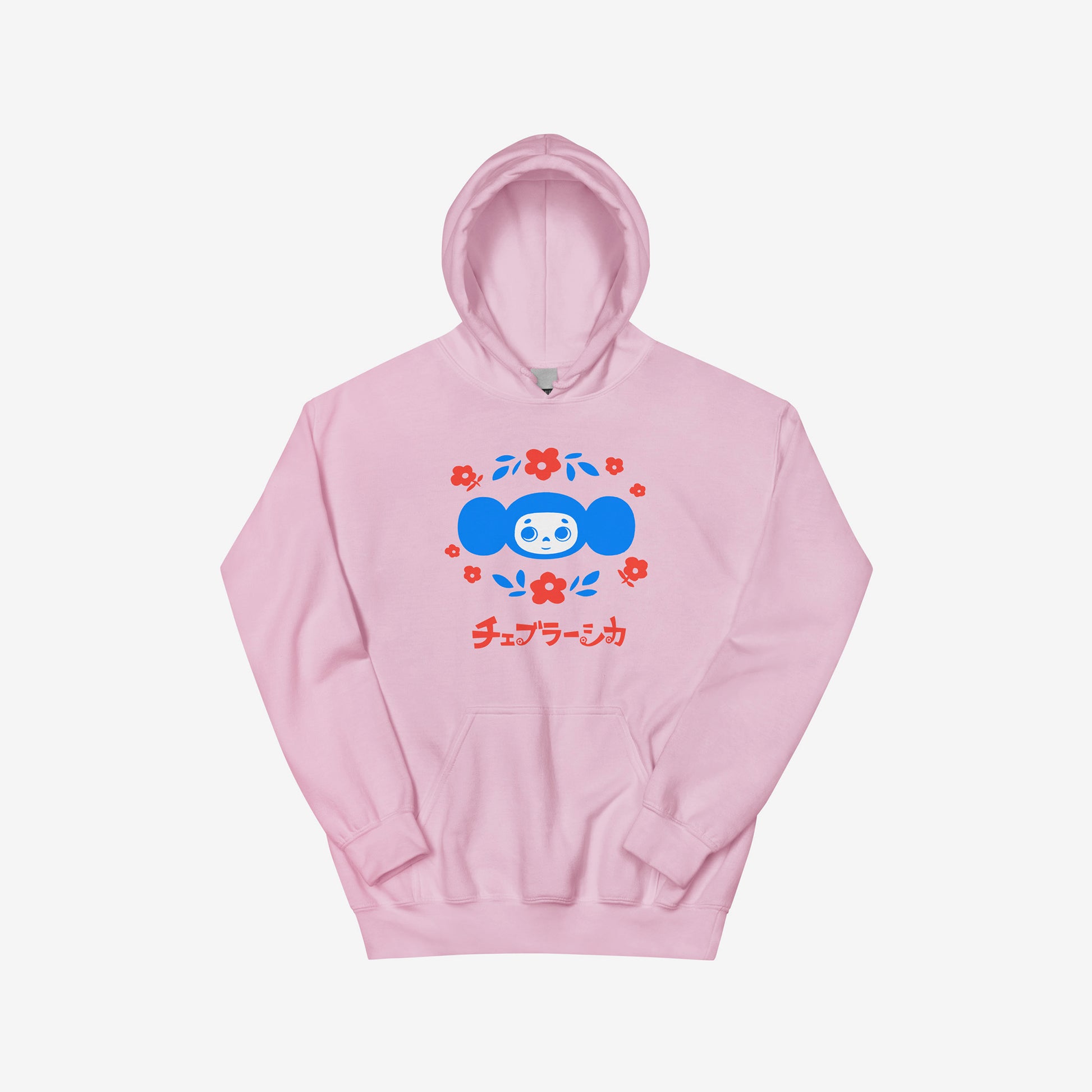Light pink unisex hoodie with original Soviet cartoon character Cheburashka among a pattern of flowers and with logo in japanese チェブラーシカ. Front.