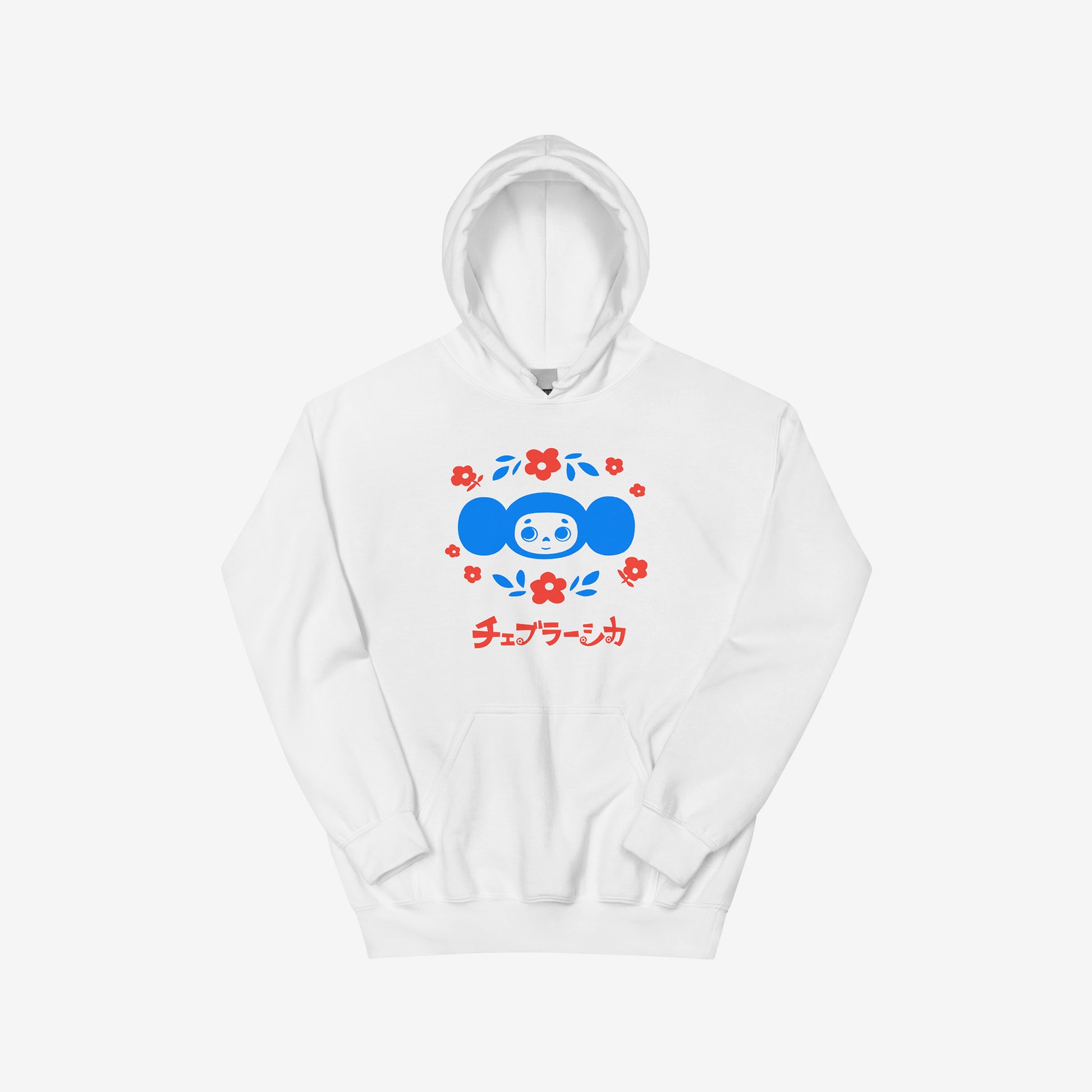 White unisex hoodie with original Soviet cartoon character Cheburashka among a pattern of flowers and with logo in japanese チェブラーシカ. Front.