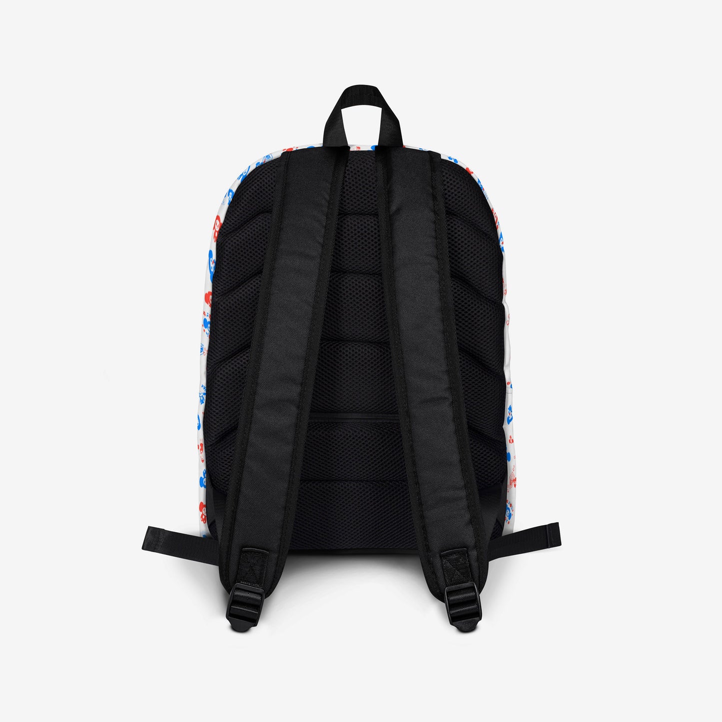 A white backpack with a front pocket, featuring all over print pattern of the Soviet cartoon character Cheburashka in blue and red. Back side.