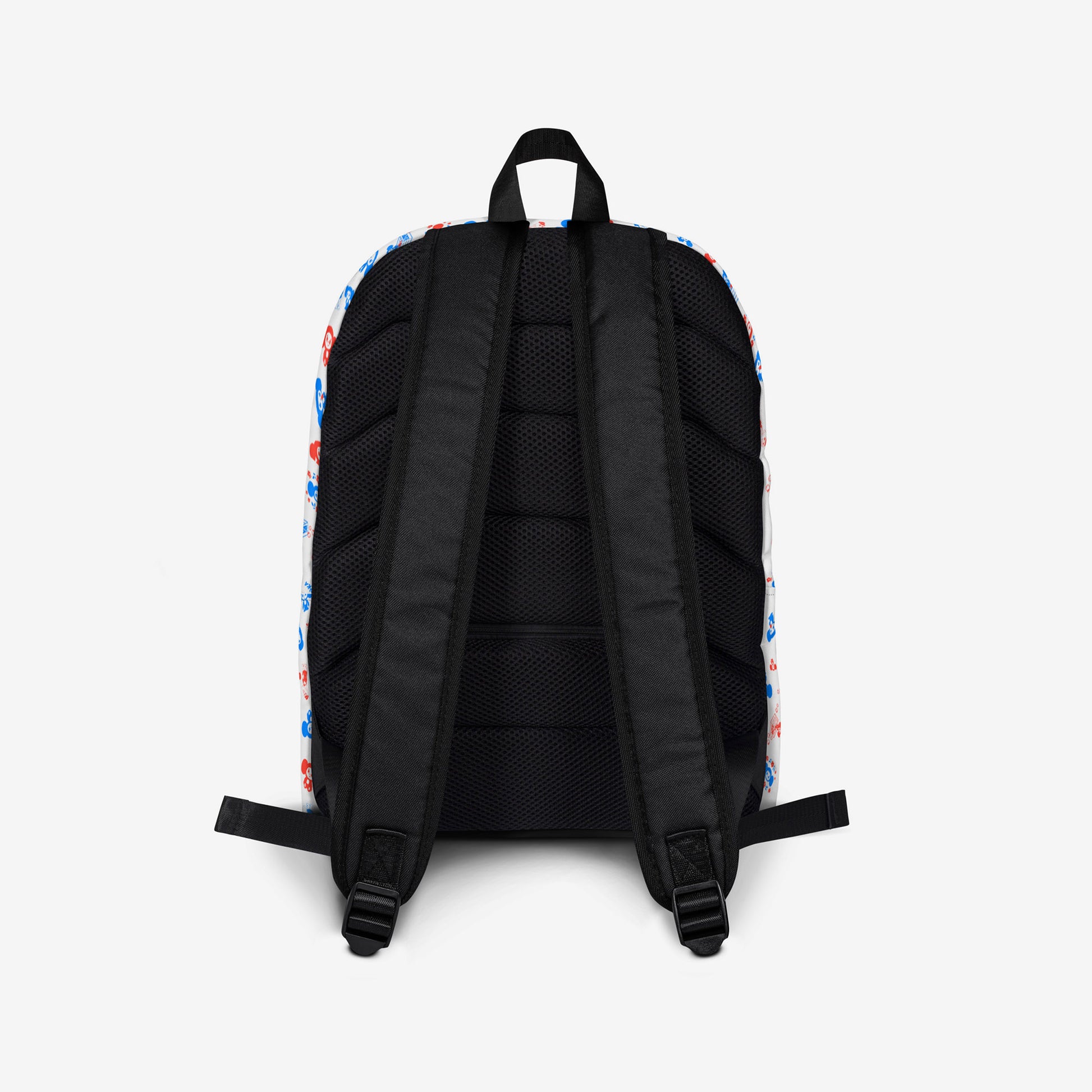 A white backpack with a front pocket, featuring all over print pattern of the Soviet cartoon character Cheburashka in blue and red. Back side.